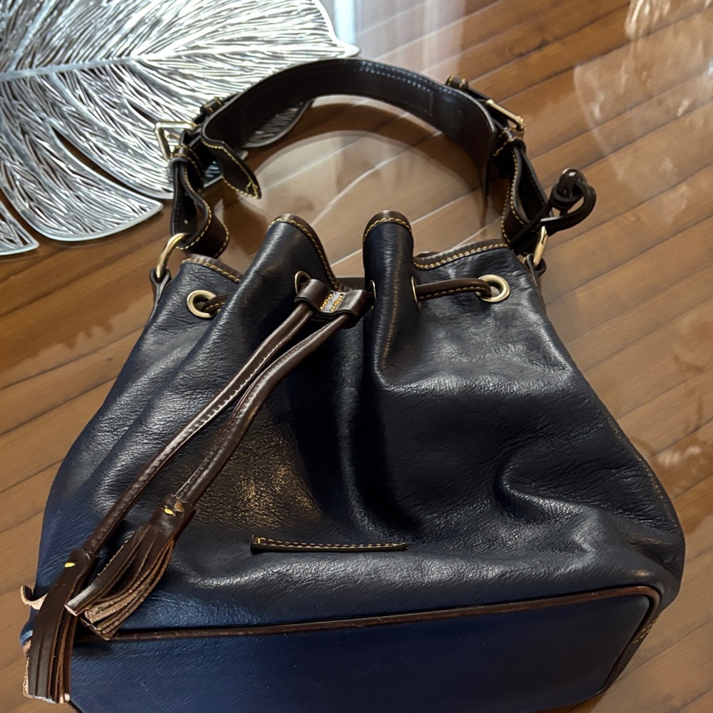 Dooney & Bourke Navy Leather Drawstring Hobo with Brown Trim and Tassel